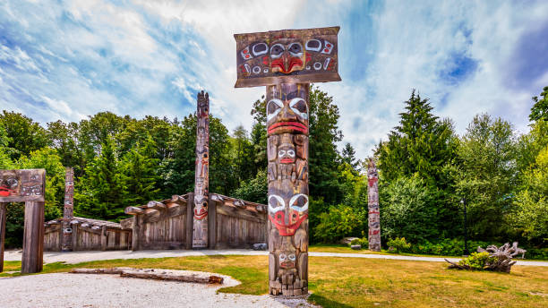 Totem poles and Haida houses stock photo