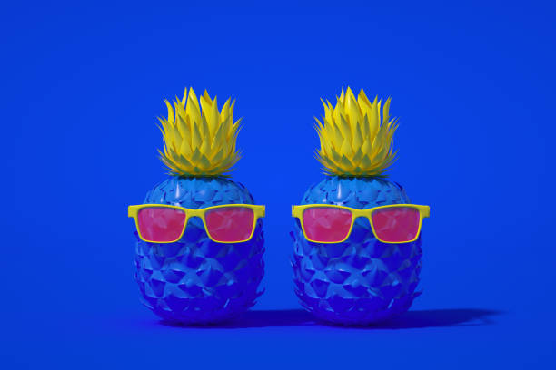 3d rendering of Tropical pineapple, minimal summer concept on blue background.  Sunglasses.