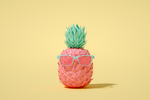 3d rendering of Tropical pineapple, minimal summer concept on yellow background.  Sunglasses.