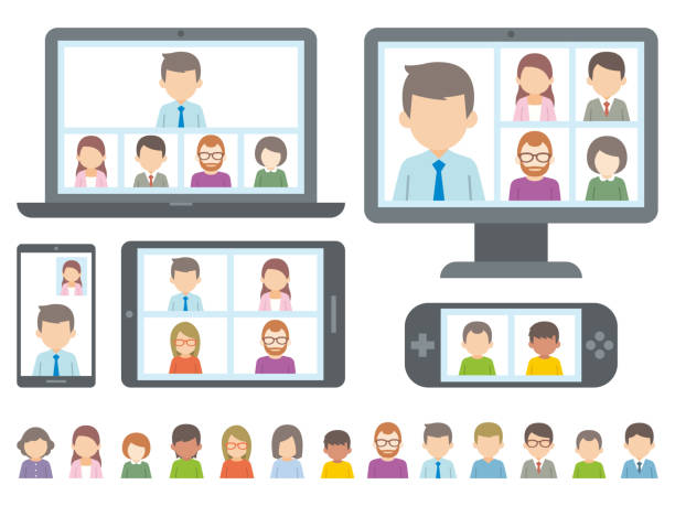 Illustration of a person having a video conference on a computer or tablet pc. vector Illustration of a person having a video conference on a computer or tablet pc. vector handheld video game stock illustrations