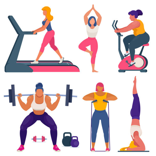 ilustrações de stock, clip art, desenhos animados e ícones de fitness women different sizes doing sports - athlete muscular build yoga female