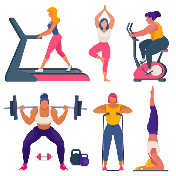 Fitness women different sizes doing sports Fitness women different sizes doing sports. Yoga, bodybuilding, fitness, training on stationary bike and running track. Sports training in the gym and at home. Flat vector illustration on white background headstand stock illustrations
