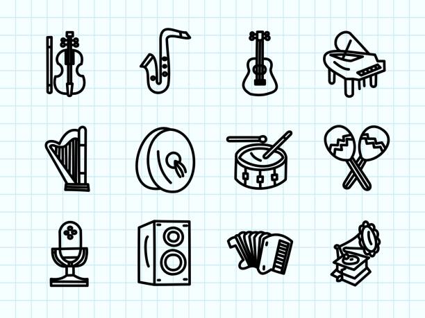 illustrazioni stock, clip art, cartoni animati e icone di tendenza di equipaggiamento musicale doodle drawin - guitar celebration line art musical instrument