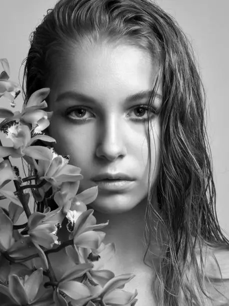 Photo of Black and white portrait of young girl