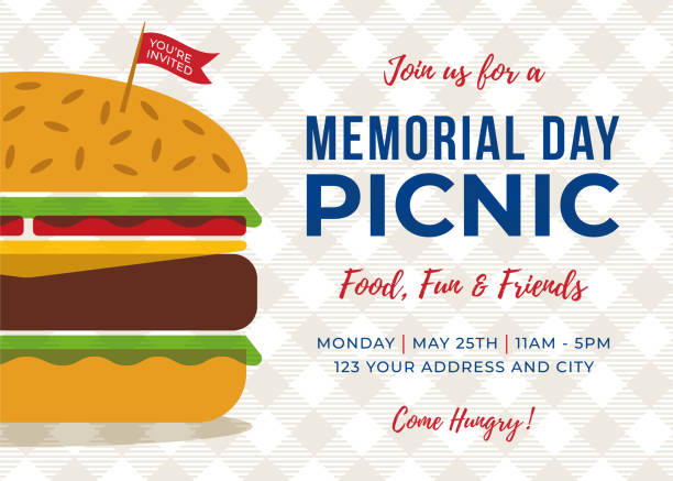 illustrations, cliparts, dessins animés et icônes de memorial day bbq party invitation - illustration. - barbecue grill barbecue burger hamburger
