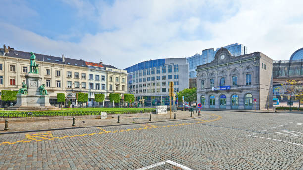 Brussels, Belgium - April 19, 2020: Luxembourg square without any people during the confinement period.
