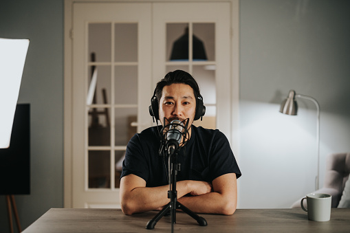 Photo series of a japanese podcaster making video podcast from his home studio.