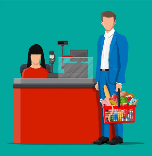 Vector illustration of Groceries in checkout counter.