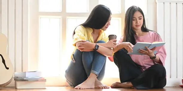 Photo of young sisters relaxing/reading a notebook while sitting together at the wooden floor over comfortable living room windows as background.