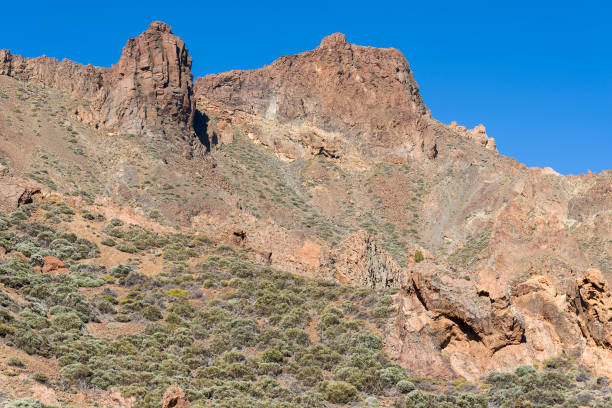 istock Mountains and shrubs near the volcano Teide, partially covered with clouds. Bright blue sky. Teide National Park, Tenerife, Canary Islands, Spain. Height 2100 meters. 1220517151