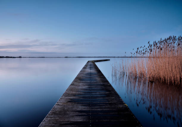 Empty wooden platform with reed Empty wooden platform with reed just before sunset in a calm lake Zuidlaardermeer, The Netherlands. calm water photos stock pictures, royalty-free photos & images