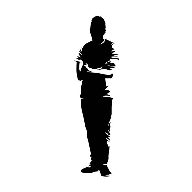 ilustrações de stock, clip art, desenhos animados e ícones de teenager boy standing with folded arms, isolated vector silhouette. ink drawing - crossing human arm silhouette men