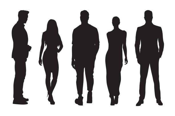 business-menschen-silhouetten, gruppe von stehenden geschäftsleuten - businesswoman skirt isolated standing stock-grafiken, -clipart, -cartoons und -symbole