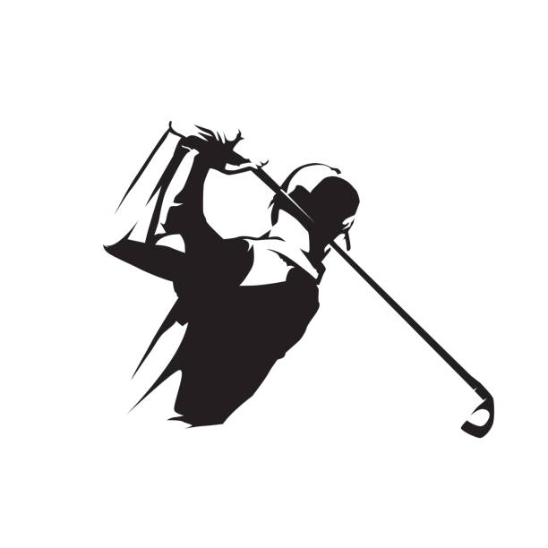 значок игрока в �гольф, изолированный векторный силуэт. гольф качели - golf swing golf golf club golf ball stock illustrations