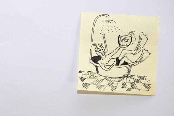 A man dives in his bathroom. A man spends his vacation at home as he is in quarantine Kovid -19. Marken drawing on the sticker. The topic of quarantine isolation and relaxation at the resort.