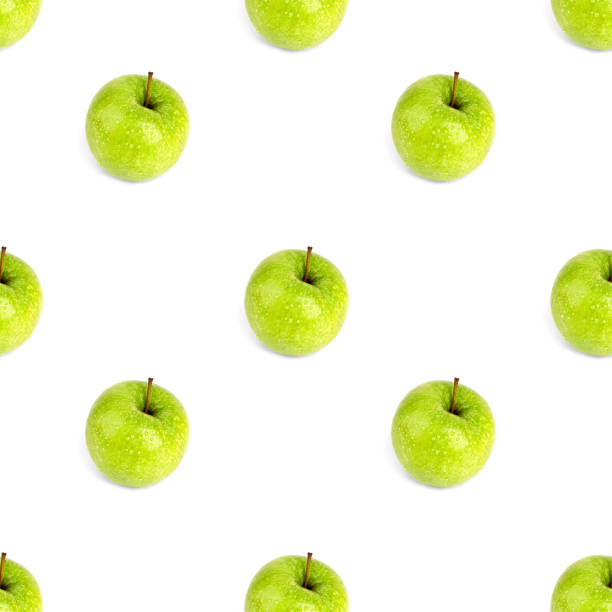 istock Seamless pattern fresh green apples with shadow isolated top view, white background, granny smith apple repeating ornament, tasty juicy ripe fruit backdrop, healthy diet food concept, summer wallpaper 1220522742