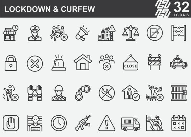 lockdown- und curfew-liniensymbole - curfew stock-grafiken, -clipart, -cartoons und -symbole
