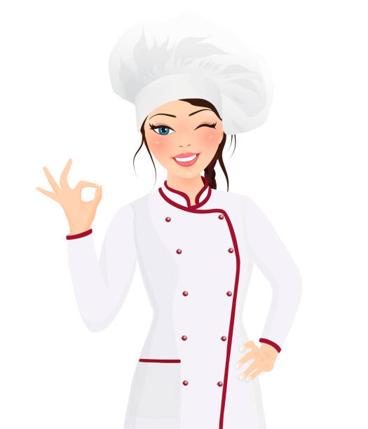 肖像画美しい笑顔の若いブルネットの女性は、帽子とシェフの制服を着て、カメラを見てokサインジェスチャーを作ります。インフルエンサー。料理教室。ビデオチュートリアル - characters cooking chef bakery点のイラスト素材／クリップアート素材／マンガ素材／アイコン素材