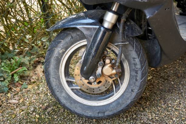 istock motorcycle disk brake with ABS system . front wheel Motorcycle big bike. ABS brakes 1220524786