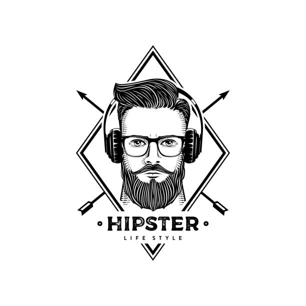 Hipster rhombus with headphones white vector illustration Bearded man's face, hipster character logo. Hand drawn portrait of bearded man with glasses and headphones. Vector illustration gentlemens club stock illustrations