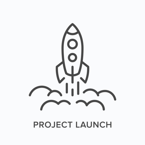 ilustraciones, imágenes clip art, dibujos animados e iconos de stock de icono de la línea de inicio del proyecto. ilustración de contorno vectorial de la puesta en marcha del cohete. startup de negocio spictorgam - rocket booster