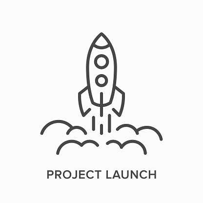 Project launch line icon. Vector outline illustration of starting up rocket. Business startup pictorgam.