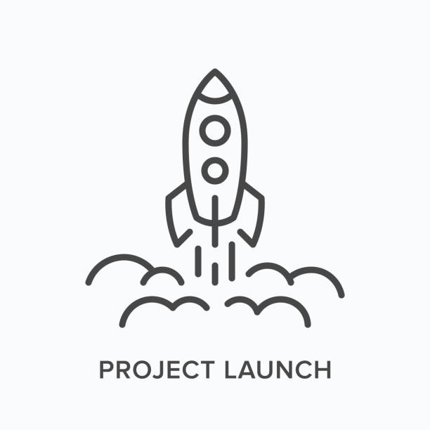 Project launch line icon. Vector outline illustration of starting up rocket. Business startup pictorgam Project launch line icon. Vector outline illustration of starting up rocket. Business startup pictorgam. rocketship illustrations stock illustrations