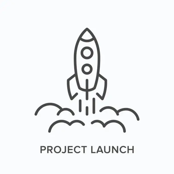 Vector illustration of Project launch line icon. Vector outline illustration of starting up rocket. Business startup pictorgam
