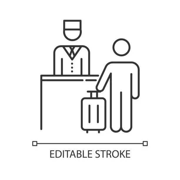 Vector illustration of Hospitality industry linear icon. Tourist with suitcase. Receptionist, concierge. Reservation, checkout desk. Thin line illustration. Contour symbol. Vector isolated outline drawing. Editable stroke