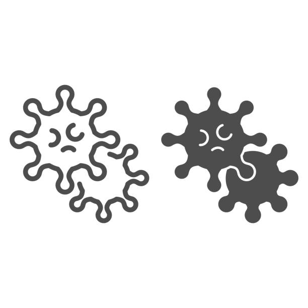 ilustraciones, imágenes clip art, dibujos animados e iconos de stock de línea de microorganismo viral e icono sólido. peligro micro bacteriasímbolo contorno estilo pictograma sobre fondo blanco. signos de investigación de virología covid-19 para el concepto móvil y el diseño web. gráficos vectoriales. - infección viral