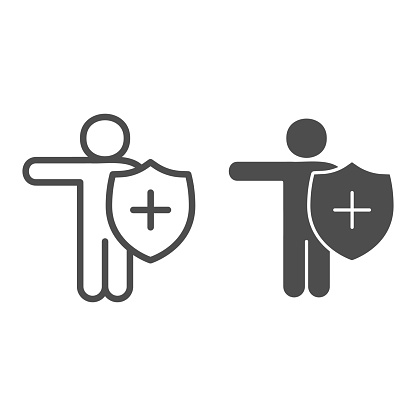 Person with medical shield line and solid icon. Protection against virus with hygiene shield symbol, outline style pictogram on white background. Covid-19 prevention sign for mobile concept and web