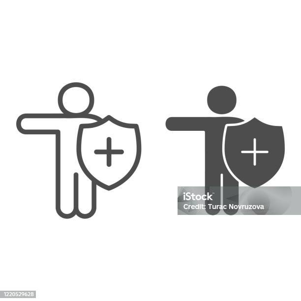 Person With Medical Shield Line And Solid Icon Protection Against Virus With Hygiene Shield Symbol Outline Style Pictogram On White Background Covid19 Prevention Sign For Mobile Concept And Web Stock Illustration - Download Image Now