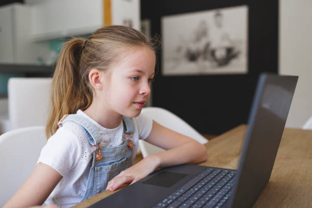 istock girl working on her laptop during home schooling 1220531557