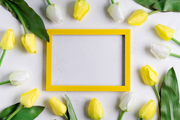istock YellowTulips with blank picture frame on white marble background, copy space 1220533112