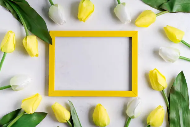 YellowTulips with blank picture frame on white marble background, copy space