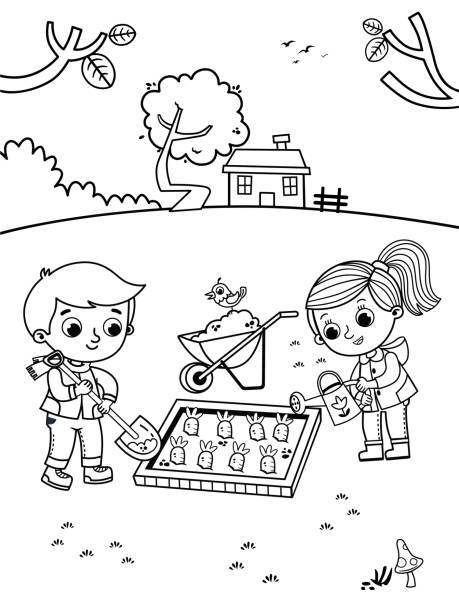 ilustraciones, imágenes clip art, dibujos animados e iconos de stock de dibujo en blanco y negro de dos niños jardinería. - niña y niño libro para colorear