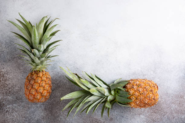 istock Two whole fresh ripe pineapples  on concrete background. Food background. Top view, copy space. 1220533128