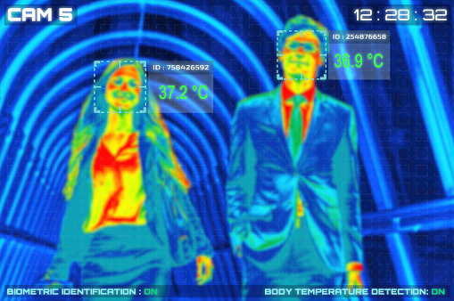 Simulation of body temperature check by thermoscan or infrared thermal camera for against epidemic flu covid19 or corona virus