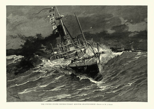 Vintage illustration of USS Miantonomoh (BM-5) an iron‑hulled, twin‑screw, double‑turreted monitor of the Amphitrite class