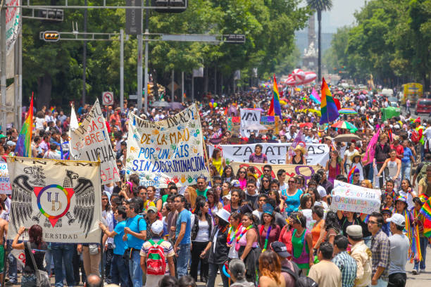 thousands of people march for the rights of the lgbtq community along paseo de la reforma in mexico city - crowd community large group of people protest imagens e fotografias de stock