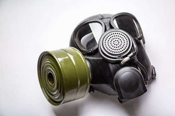 istock A black commander gas mask with a filter lies on a white background. Horizontal orientation 1220536719