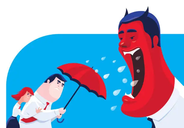 Vector illustration of business couple defending devil with umbrella