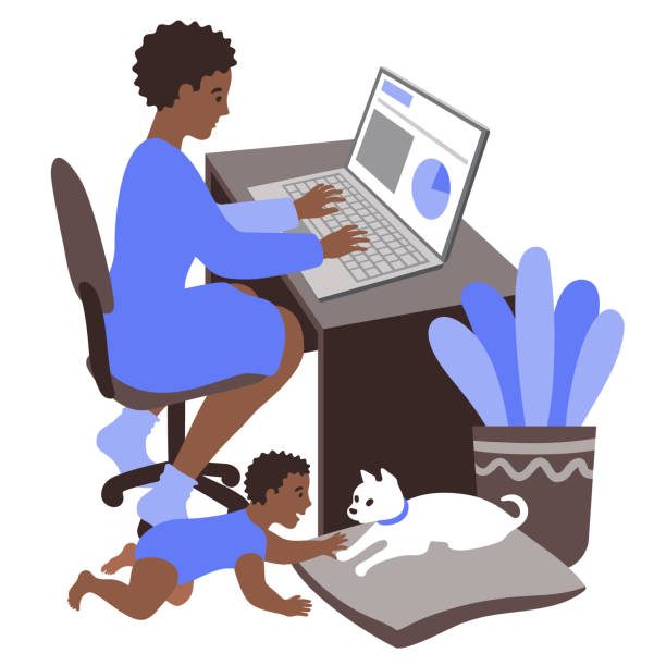 Young Black mom working at home A Millennial Generation woman working on a laptop, with a baby crawling on the floor playing with a small puppy. business person typing on laptop stock illustrations