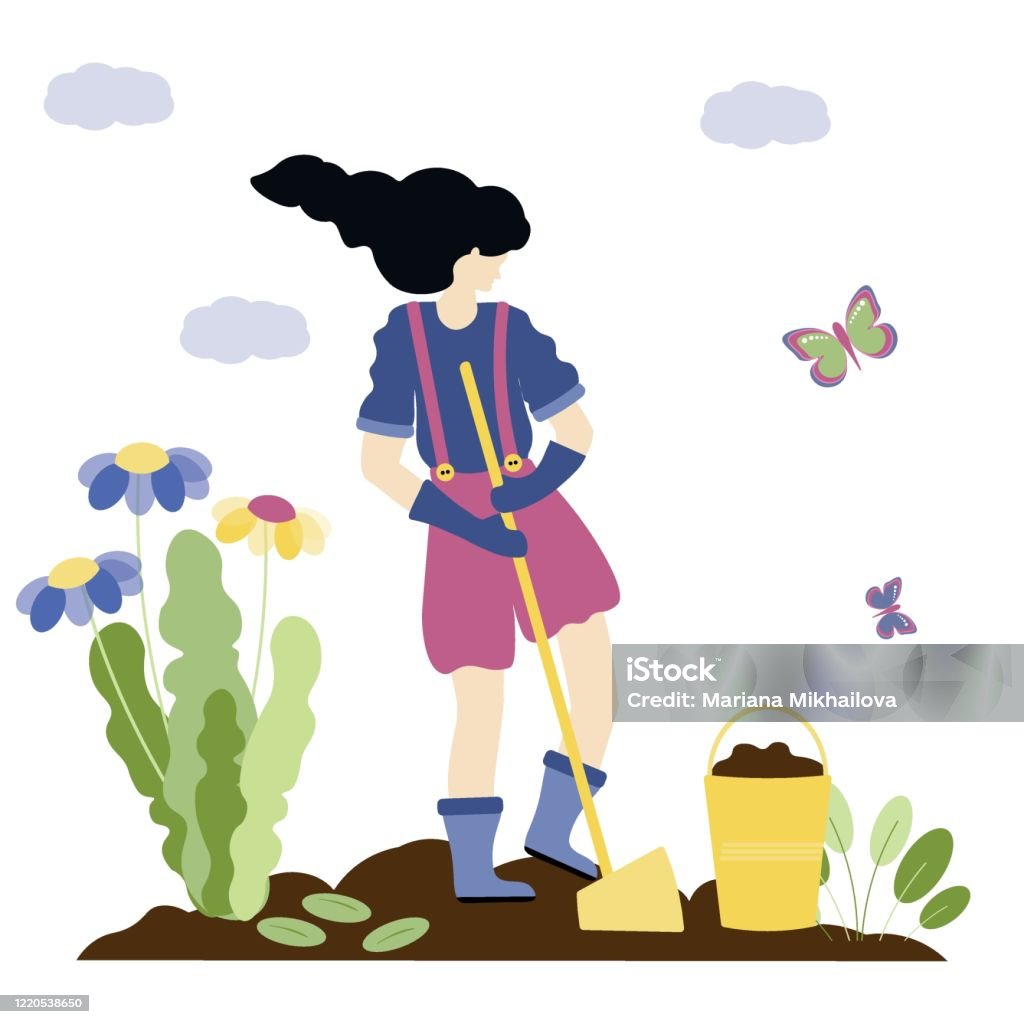 Modern Spring Gardening People Concept Stylish Girl With Fashionable  Hairstyle Digs The Ground With A Shovel And Plants Flowers Stock  Illustration - Download Image Now - iStock