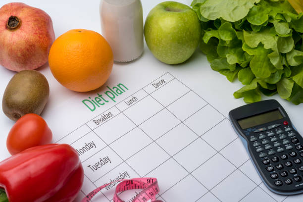 istock Diet plan sheet and fresh food on white background. 1220538694