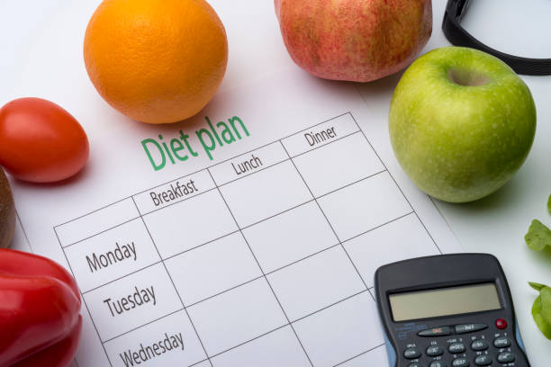 istock Diet plan sheet and fresh food on white background. 1220538751