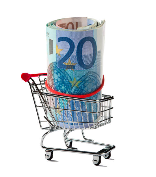 ユーロをロールアップしたショッピングカート - three dimensional shape paper currency wealth shopping cart ストックフォトと画像