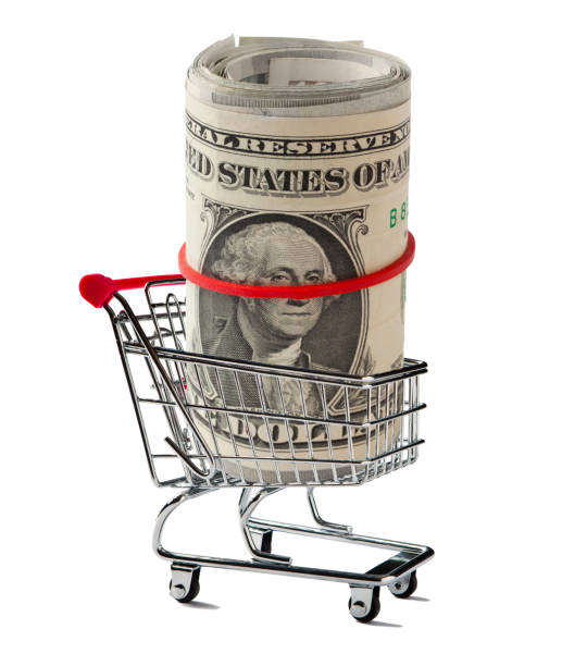 корзина с американской бумагой свернута вверх - three dimensional shape paper currency wealth shopping cart стоковые фото и изображения