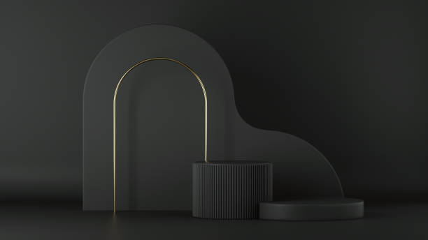 istock 3d render, abstract minimalist black background. Empty cylinder podium, round stage, vacant pedestal, showcase stand, product display, golden arc, expo platform. Copy space. Modern premium design 1220540236