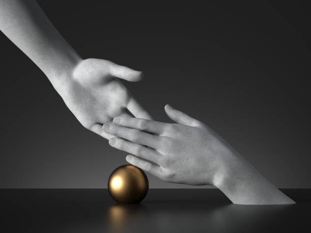 istock 3d render, handshake gesture and golden ball, mannequin hands interaction isolated on black background. Modern minimal fashion concept, simple clean design. Concrete sculpture. Artificial human limb 1220540294